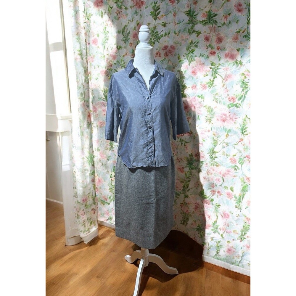 Vintage 50s 60s Wool Skirt & Chambray Blouse Short Sleeve Top Women’s Size S-M